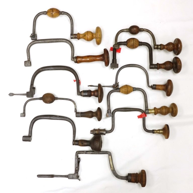 Hand Drills, Bit & Brace Tools (11): Assortment of 11 Bit & Brace tools. Early Scandinavian Bit & Brace. Marks we could read: "L. Mooney," "Coul Aux & Co," "Pat. Dec. 10, 1865," "256".