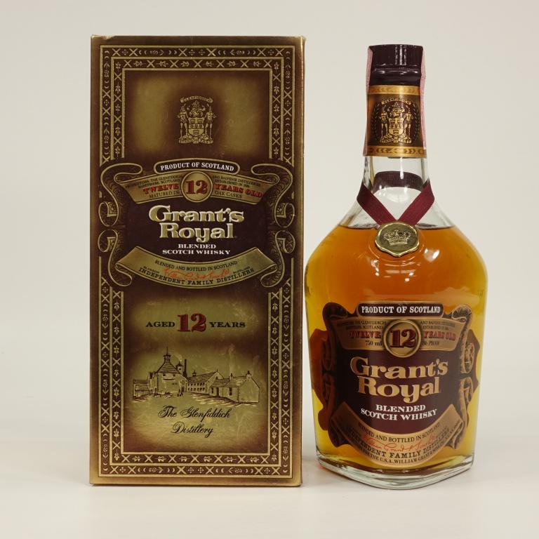 Bottle: Grant's Royal Blended Scotch: In box. Sealed, 750 ml, 86 proof. If you anticipate needing bottles shipped you MUST talk to Ian PRIOR to BIDDING! 847-625-0555.
