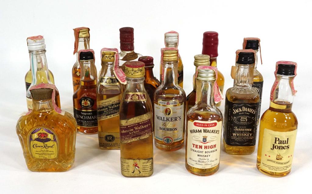 17 Mini Whiskey + Bottles: Hiram Walker, Walker's, Crown, J.D., 100 Pipers, Old Hickory, Calvert's, Grant's, Old Grand Dad... If you anticipate needing bottles shipped you MUST talk to Ian PRIOR to BIDDING! 847-625-0555.