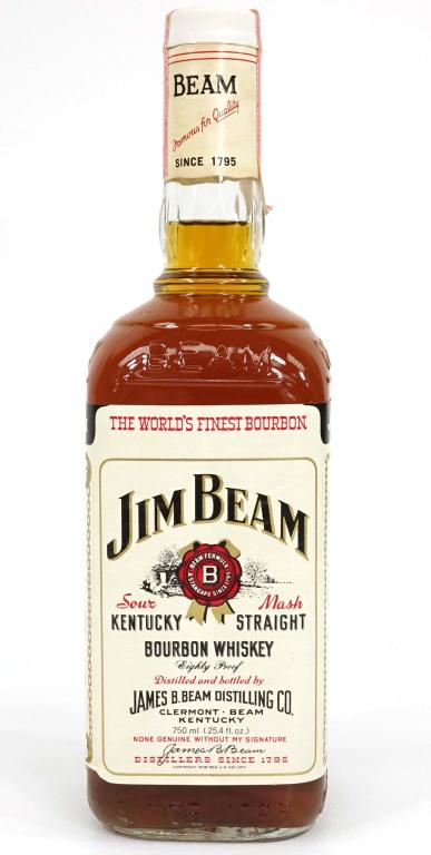 1977 Jim Beam Bourbon Whiskey Bottle: 4 years old. 750ml. If you anticipate needing bottles shipped you MUST talk to Ian PRIOR to BIDDING! 847-625-0555.