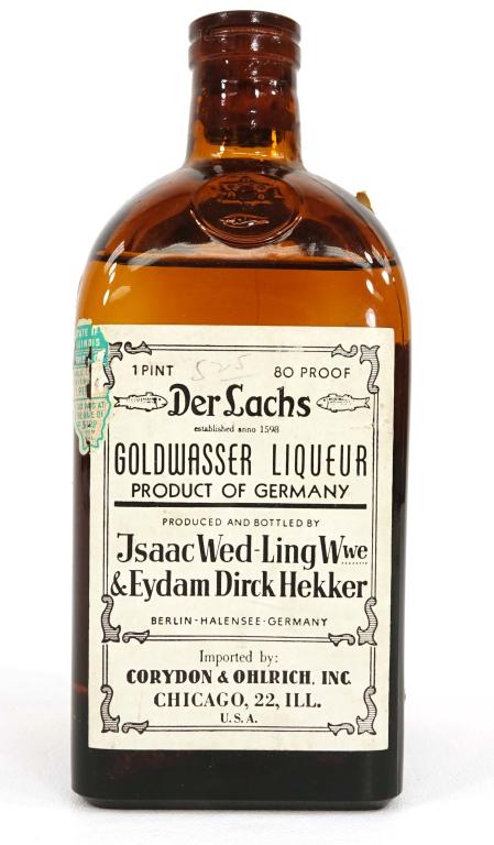 Vintage Bottle - Goldwasser Liqueur: 1 pint, 80 proof. Illinois tax stamp. If you anticipate needing bottles shipped you MUST talk to Ian PRIOR to BIDDING! 847-625-0555.