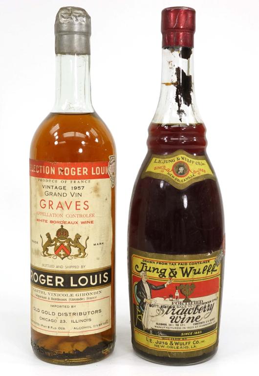 2 Bottles - Vintage Wine - 1957 Graves, Jung &Wulf: 1957 Roger Louis Grand Vin Graves and Jung & Wulff Strawberry Wine. Both bottles have sediment. If you anticipate needing bottles shipped you MUST talk to Ian PRIOR to BIDDING! 847-625-0555.