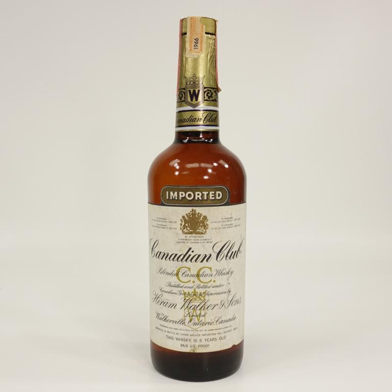 Bottle: Canadian Club: 1966, 86.8 proof, 4/5 quart, sealed. If you anticipate needing bottles shipped you MUST talk to Ian PRIOR to BIDDING! 847-625-0555.