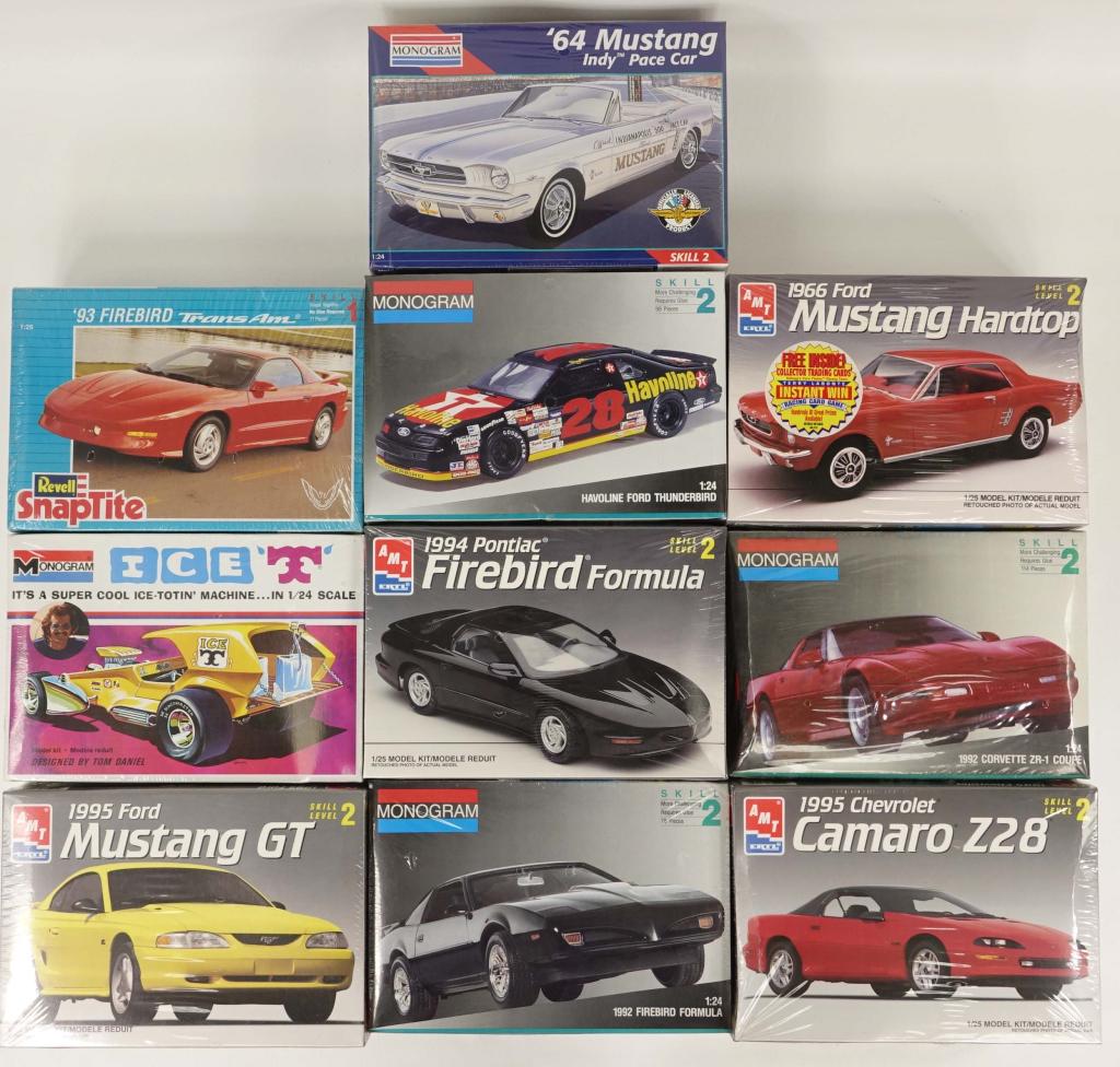 10 Assorted Model Car Kits: AMT Ertl and Monogram. All 1:24 or 1:25 scale. All in shrinkwrap. Including Ice T, '93 Firebird TransAm Snaptite, and Mustang Hardtop.