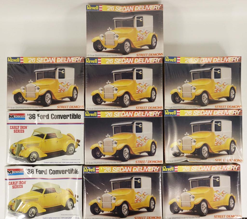 10 Assorted Car Model Kits: 2 Monogram '36 Ford Convertibles 1/24, 8 Revell Sedan Delivery Street Demons 1/25. All in shrinkwrap.