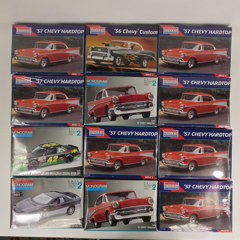 12 Assorted Monogram Model Car Kits: Including: '57 Chevy Hardtops, Mello Yello Pontiac Stock Car, '93 Camaro Z28. All are 1:24 and 1:25. All in original shrinkwrap. Some boxes a bit caved from the shrinkwrap.