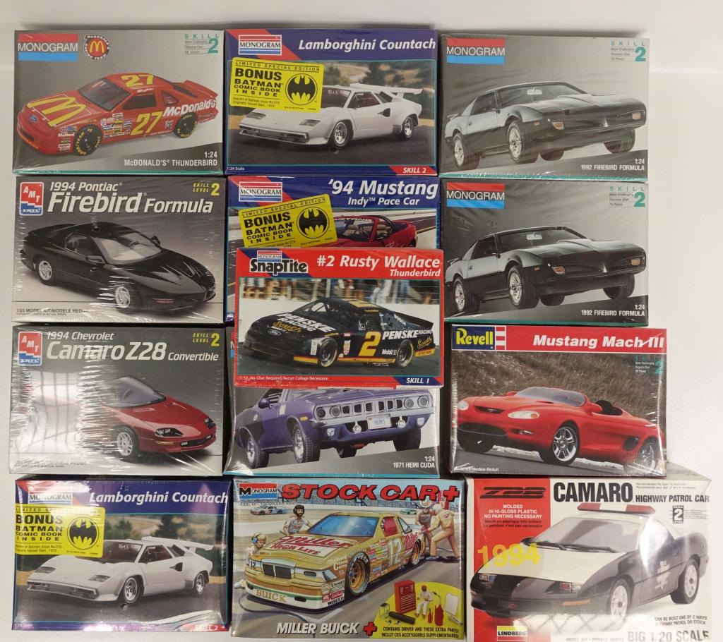 13 Assorted Model Car Kits: Including: 9 Monogram, 1 Lindberg, 2 AMT Ertl, 1 Revell. '94 Mustang, Highway Patrol Car, Stock Car +. All in shrinkwrap, some box caving on some because of shrinkwrap.