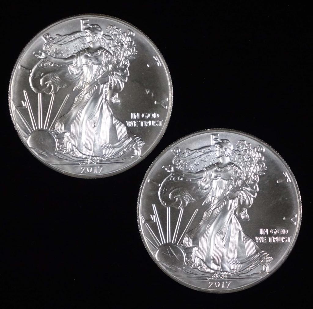 2017 BU Silver Eagle Bullion Coins (2): (2) 2017 brilliant uncirculated Silver Eagle bullion coins. Each coin is 1 troy ounce of 0.999 fine silver. *** Please note: we are not professional coin graders. We are NOT grading these coins. We in