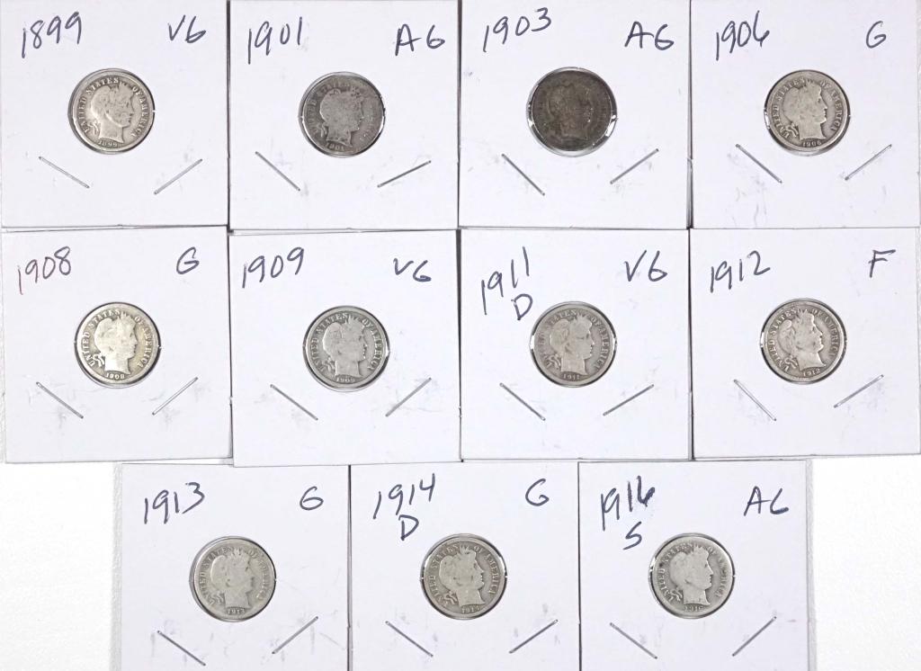 Barber Dimes (11): 11 Barber dimes: 1899, 1901, 1903, 1906, 1908, 1909, 1911-d, 1912, 1913, 1914-d, 1916-s. 90% silver.