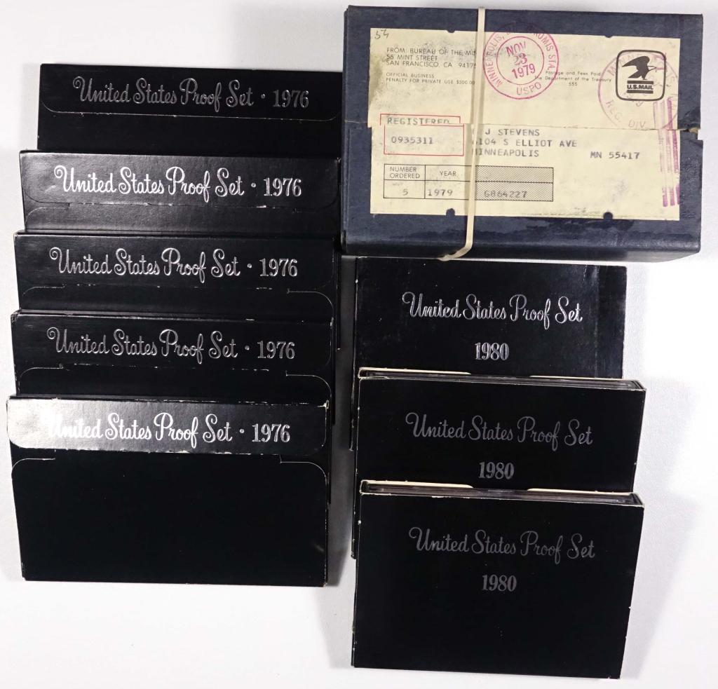 U.S. Proof Sets (13): 13 United States uncirculated proof sets: 1976 (x5), 1979 (x5), 1980 (x3). All in original U.S. Mint packaging.