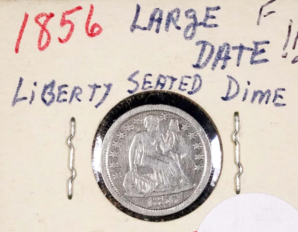 1856 Seated Liberty Dime (Large Date) - TOUGH date: 1856 Seated Liberty dime with large date. 90% silver. While 5 million coins were minted, PCGS estimates only 200 of these coins still exist.