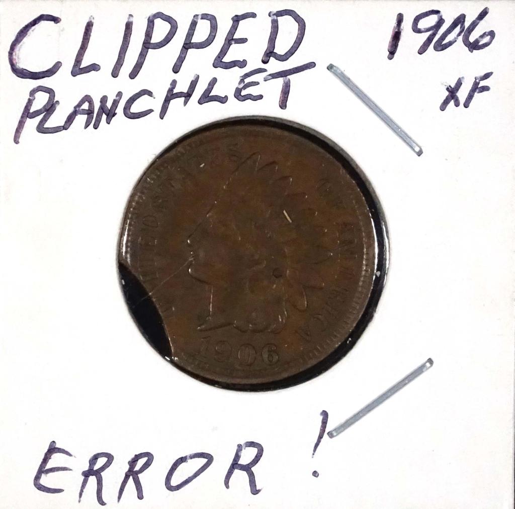 1906 Cent with Clipped Planchet Error: 1906 Indian Head penny with clipped planchet error.