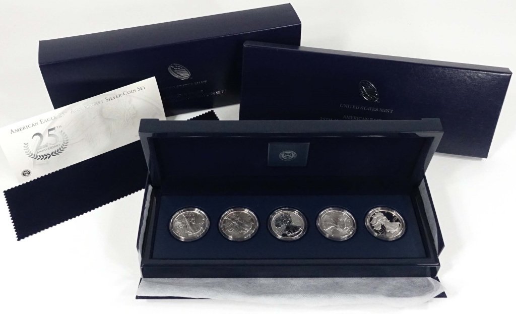 2011 Silver Eagle 5-coin Anniversary Set: 5 coin set of 2011 Silver Eagle bullion coins, in celebration of the 25th anniversary of the Silver Eagle's first strike in 1986. The set comes in the original US mint case. The set includes: 2011-w u