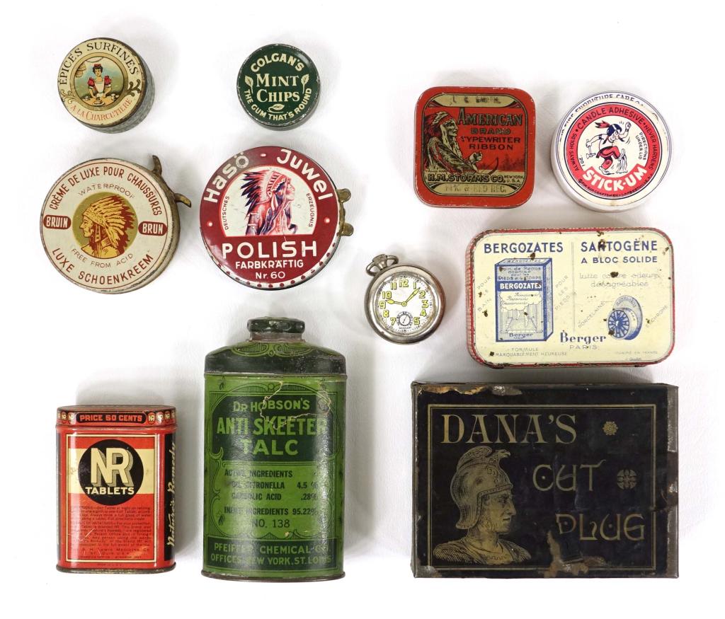 Vintage & Antique American & European Tins: Vintage Shoe Polish Tins (2) - Made in Germany. Hasö-Juwel Farbkraftig Nr. 60.*** Brown Creme de luxe pour Chaussures. Luxe schoen kreem. Vintage Food Tins (2) - Epices Surfines (top quality spices) 