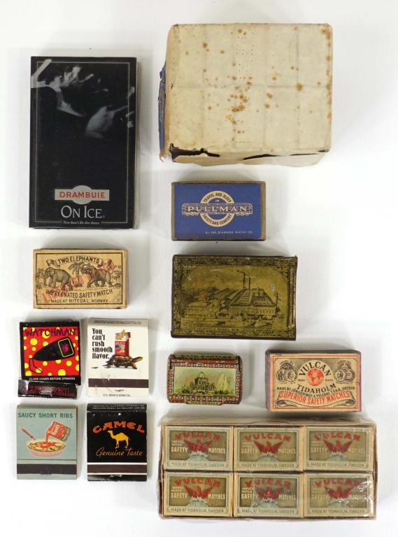 Antique Match boxes and Matches: Antique Match Cases - Metal match safe (Wax Vestas Bryant & Mays) 1 7/8" x 1 11/4".*** Bryant & Mays metal match box holder 3" x 2".*** Box of Diamond water-resistant matches. For sportsmen. Full box.