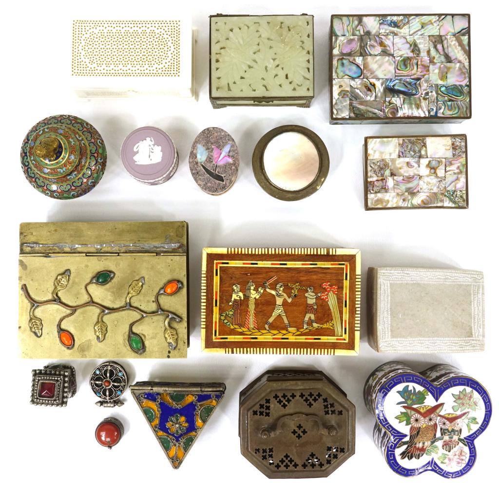 Trinket and Dresser Box Assortment (17 pcs): Includes cloisonne, metal and wood boxes. One may be jade / jadeite. Cellulose, mother of pearl, Wedgwood, etc.