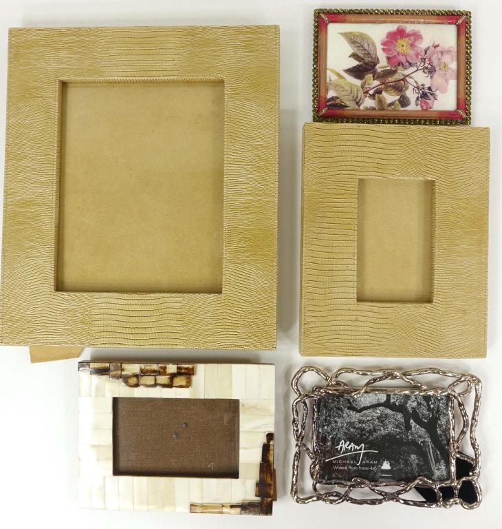 Picture Frames (5), Incl. Jay Strongwater, Aram: Two lizard picture frames: 8" x 10" and 12" x 12". Michael Aram Wisteria Photo Frame: 4 x 6, heavy. Brown and beige tile frame: 8.5" x 6.5". Jay Strongwater ornate frame: 5.25" x 7.25". No missing sto