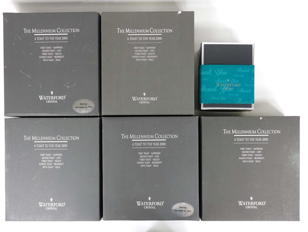 Waterford Crystal Millenium Flute Collection: 5 Pairs of Waterford Crystal Champagne Flutes - The Complete Millenium Collection. A Toast to the year 2000: Happiness; Love; Health; Prosperity; and Peace. All of the pairs of flutes are in their own