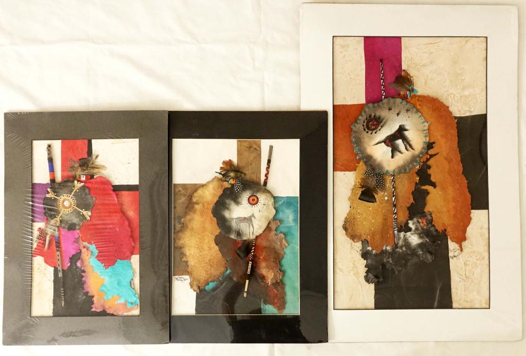 Native American Style Mixed Media Art (3 pcs): 3 pieces of mixed media art in Native American style. M. Maya (?) Gold. Good Medicine - 95, 19 x 24" including mat. Joyful Singer, 17 x 24". 2 names - For the Journey, Second Journey, 23 x 35".