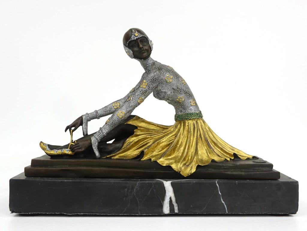 Bronze Statue - Demetre Chiparus: On marble base, base is 3.75 x 11.5". Total height 7.75". Signed.