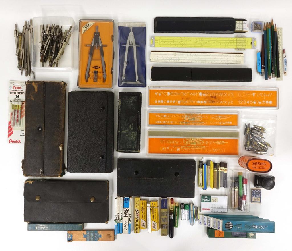 Engineers' and Drafting Tools: 5 complete sets, including Dietzgen. Large bag of mechanical pencil leads. 4 slide rules, including Frederick Post, Pickett, Engineering Instruments, Inc., and Keuffel & Esser. 3 sets of Koh-I-Nor ste