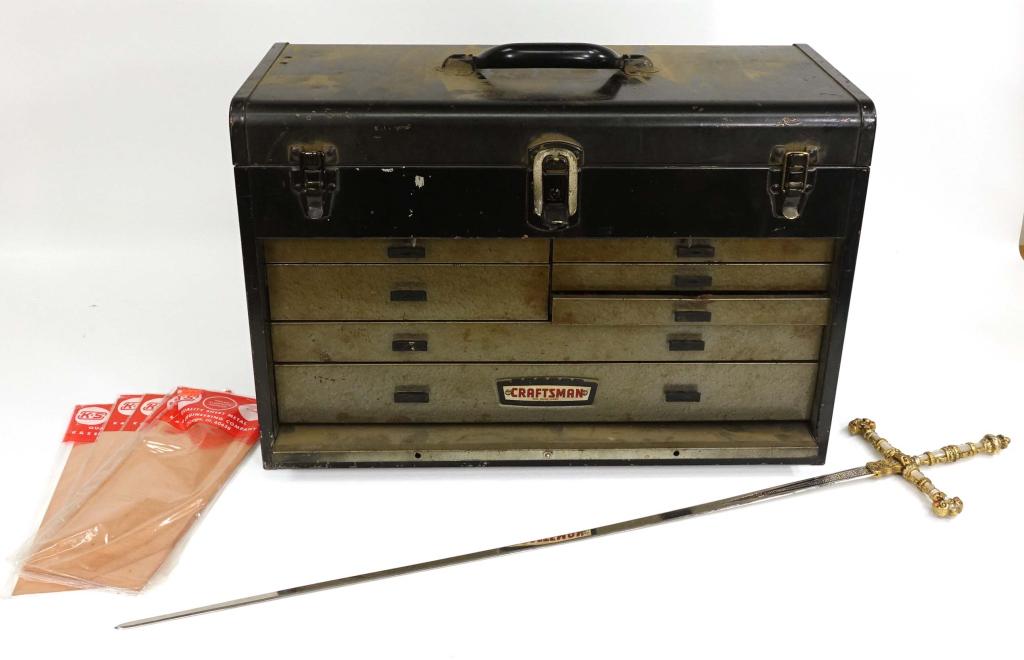 Craftsman Machinist's Box, Sword, & Metal Sheets: 1 Craftsman Toolbox with tools and misc items inside (This toolbox is from a smokers home and may have a smoky smell). Some of the tools includes: Wrenches, small scissors, screwdrivers, loupes', clam