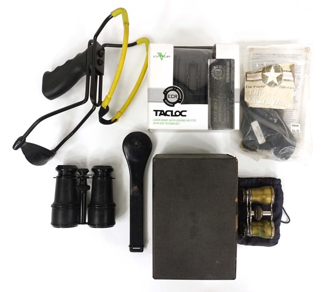 Holsters, Slingshot, Sap, Binoculars & Massager: "The Saturday Night Lot". Hard rubber sap. Powerline by Daisy slingshot. Tacloc holster in box for 24/7 Gen 2 9mm fullsize - Viridian C series. "The Marilyn" holster for Bersa 380 (left). Stim-u-lax j