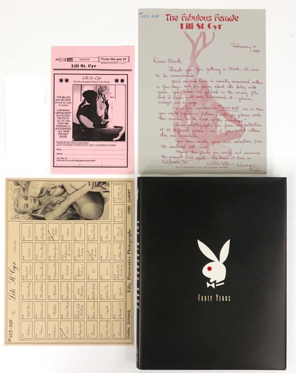 Autographs: Adult - Playboy, Hefner & Fenn: Book: "Forty Years: The Playboy Book" signed by HUGH HEFNER, 1st edition. 2 photos signed by SHERILYN FENN. Signed letter from LILI ST. CYR & photograph ordering chart. Lili St. Cyr photo ordering for