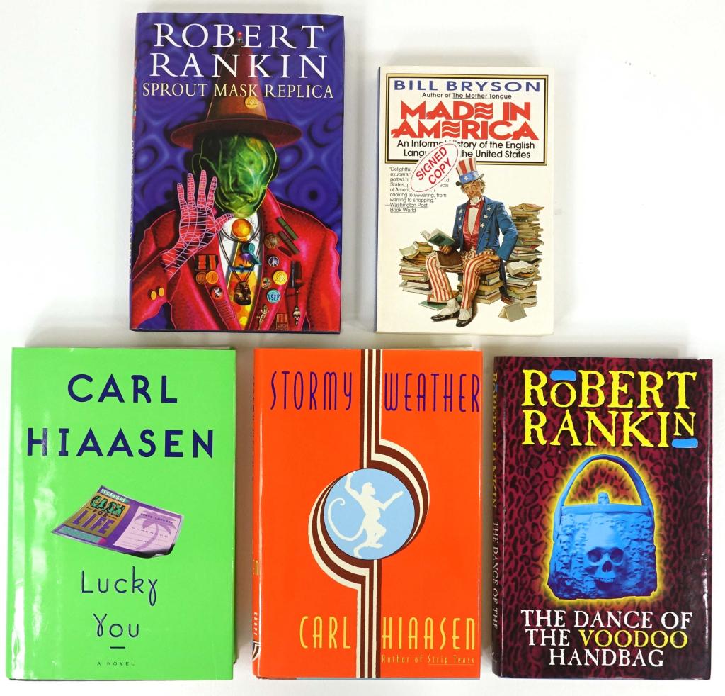 Satire Books: Hiaasen, Rankin, Bryson SIGNED: 5 books total: "Stormy Weather" by Carl Hiaasen, 1995, 1st EDITION; "Lucky You" by Hiaasen, 1997, 1st EDITION. "The Dance of the Voodoo Handbag" by Robert Rankin, 1998; "Sprout Mask Replica" by Rankin