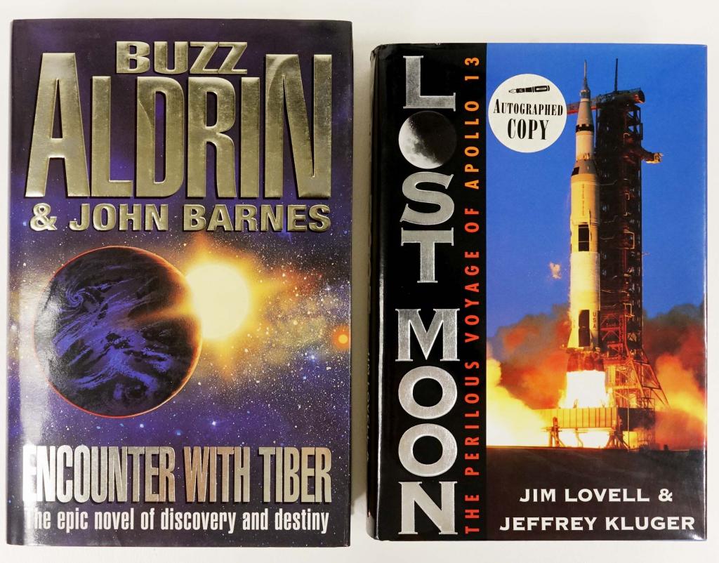 Astronaut Books (Buzz Aldrin & Lovell) SIGNED: 2 books in total, both autographed: "Encounter With Tiber" by Buzz Aldrin & John Barnes 1996, Signed by Buzz Aldrin. "Lost Moon: The Perilous Voyage of Apollo 13" by Jim Lovell & Jeffrey Kluger 1994, 