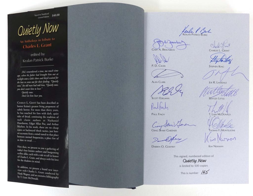 "Quietly Now" Book SIGNED by 30 authors: INCLUDES STEPHEN KING'S and CHARLES L. GRANT'S SIGNATURES!!: "Quietly Now: An Anthology in Tribute to Charles L. Grant" is a collection of short horror stories in honor of great horror writer Charles 