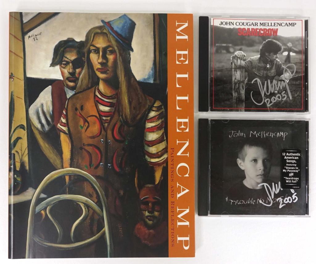 John C. Mellencamp Book & CDs SIGNED: "Mellencamp: Paintings and Reflections," SIGNED by John Mellencamp in thick sharpie on title page. 1ST EDITION, 1998. Some faint crease streaks on back cover but barely noticeable. 2 SIGNED in 2005 CD