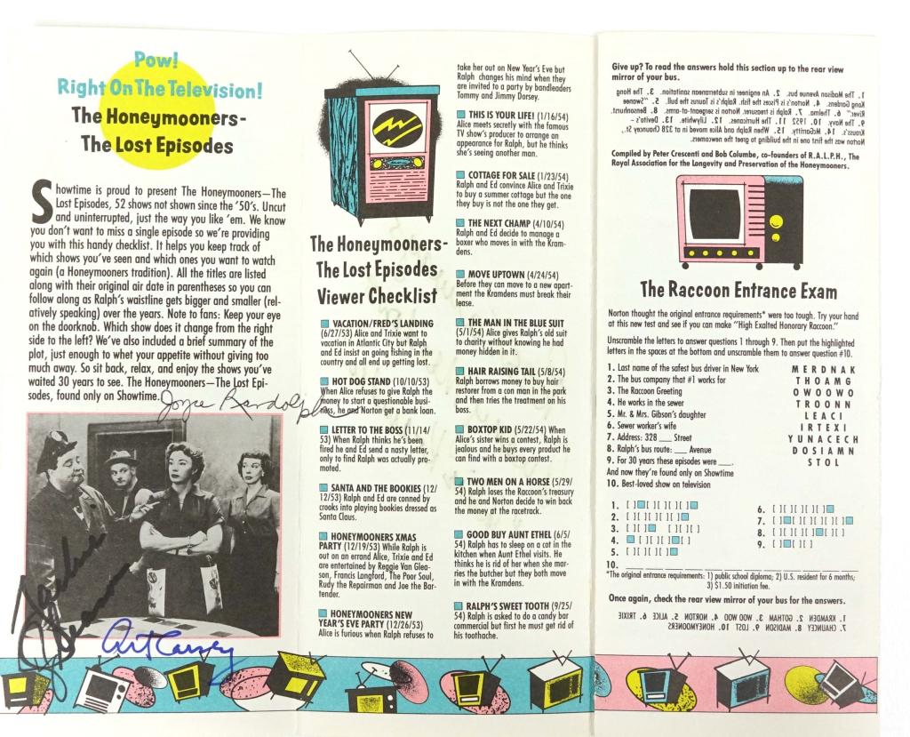 Autographs: The Honeymooners Cast: Pamphlet from "The Honeymooners - The Lost Episodes" on the Showtime cable TV network signed by Jackie Gleason (twice), Art Carney, and Joyce Randolph on one page, and by Audrey Meadows on the back. P