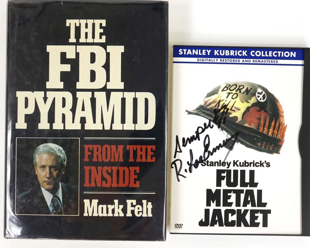 R. Lee Ermey DVD case SIGNED & unsigned book: DVD copy of Stanley Kubrick's Vietnam film "Full Metal Jacket", signed by R. Lee Ermey, and inscribed "Semper Fi" (note: the DVD case is signed, there is no DVD in the case). This lot also includes a 