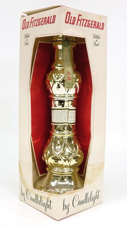 Old Fitzgerald "By Candlelight" Decanter: *** IF YOU MAY NEED SHIPPING YOU MUST CALL IAN BEFORE BIDDING ON BOTTLES *** Bottled in bond. 1 pint, 100 proof, sealed in box.