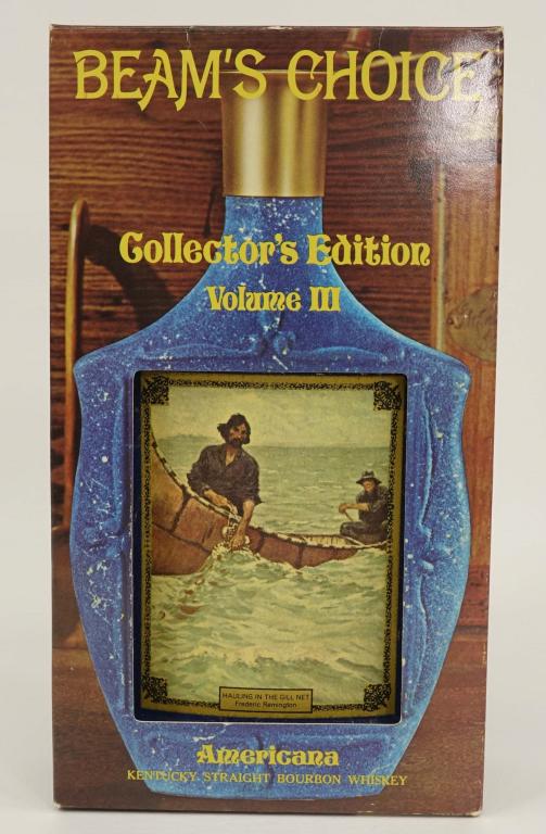 Beam Decanter: Americana-Frederic Remington: *** IF YOU MAY NEED SHIPPING YOU MUST CALL IAN BEFORE BIDDING ON BOTTLES *** Beam Decanter: Americana-Frederic Remington, "Hauling the Gill Net." 4/5 quart, 8 year, 86 proof.