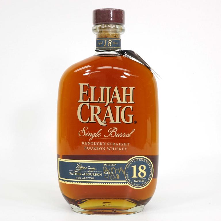 Bottle: Elija Craig Single Barrel: ***IF YOU MAY NEED SHIPPING YOU MUST TALK TO IAN BEFORE BIDDING ON BOTTLES*** 750 ml. 90 proof. 18-year, sealed. Bottled 12/17/19, barrel 4868.