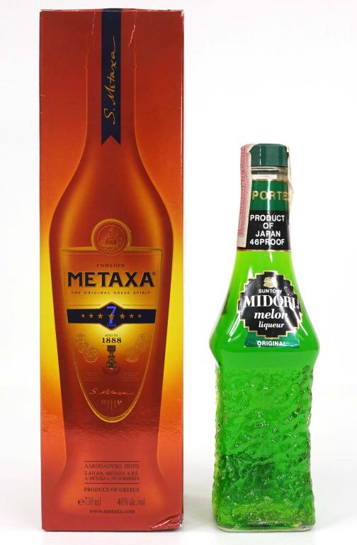 Bottles: Metaxa, Suntory Midori: ***IF YOU MAY NEED SHIPPING YOU MUST TALK TO IAN BEFORE BIDDING ON BOTTLES*** Metaxa ,sealed in bbox, 750 ml, 80 proof. Suntory Midori Melon Liqueur Japan, 46 proof, 375 ml, sealed.
