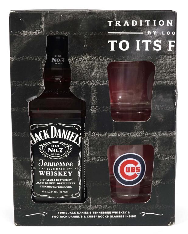 Bottle: Jack Daniel's Cubs Tumbler Set: ***IF YOU MAY NEED SHIPPING YOU MUST TALK TO IAN BEFORE BIDDING ON BOTTLES*** Sealed in box. 750 ml, 80 proof, with 2 Chicago Cubs tumbler glasses.