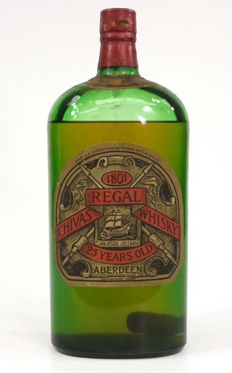 Bottle - 1801 Chivas Regal Whisky, 25 Years Old: There is a small amount of sediment and a broken cork IN the bottle. When allowed to settle, contents clear, but cloudiness persists after any agitation for a while. Sealed. Great front label, good to