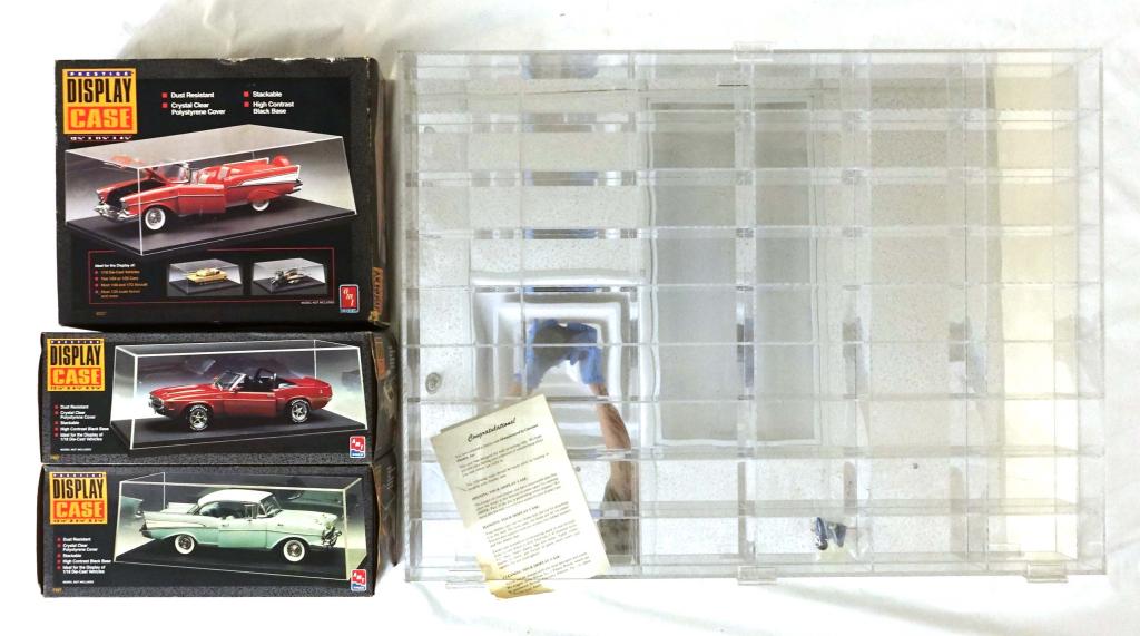 Model Car Display Cases: includes AMT Ertl cases (two for 1/18 scale and one for 1/24 or 1/25) and multi-compartmental display case