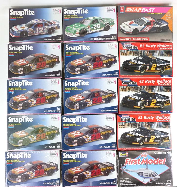 15 Vintage Sealed Skill 1 Model Vehicles: 8 Snaptite Monogram #28 Havoline T-Bird, 1992. 1:32 scale. Made in U.S.A; 1 AMT ERTL SNAPFAST Valvoline Thunderbird, 1992. 1/32 scale. Made in U.S.A; 1 Snaptite Monogram #12 Raybestos Lumina, 1992. 1: