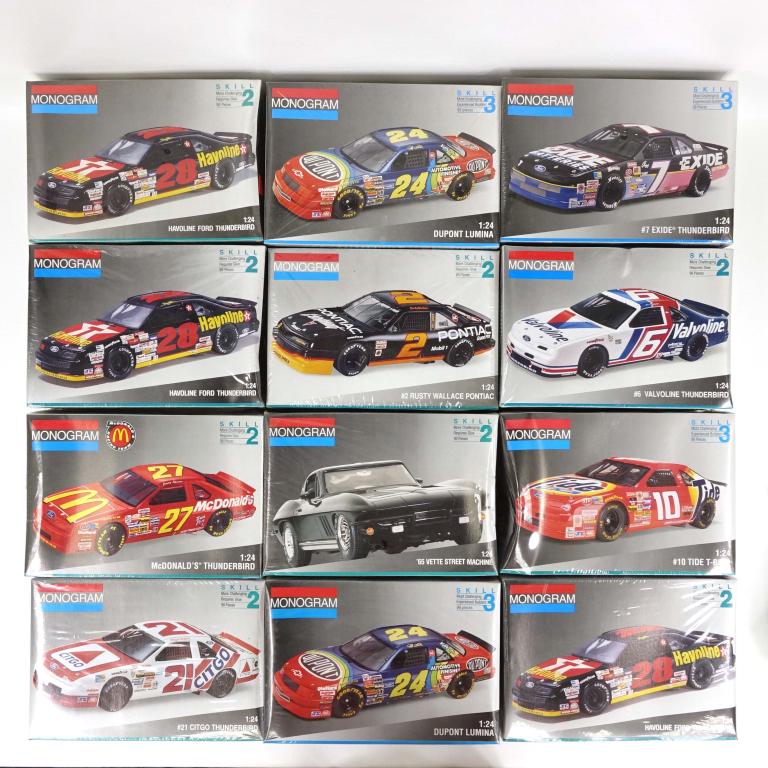12 Sealed Vintage Model Car Kits: 3 Monogram Havoline Ford Thunderbird, 1991. 1:24 scale. Made in U.S.A; 1 Monogram '65 Vette Street Machine, 1991. 1:24 scale. Made in U.S.A; 1 Monogram #21 Citgo Thunderbird, 1992. 1:24 scale. Made in