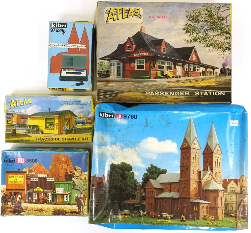 Atlas & Kibri HO Model Kits: -Cathedral (Appears Complete w/ decals and instructions) with loudspeaker and bell sounds cassette; -Wild West-style bank kit (May Be Incomplete w/ instructions but missing decals (?) and has Shell