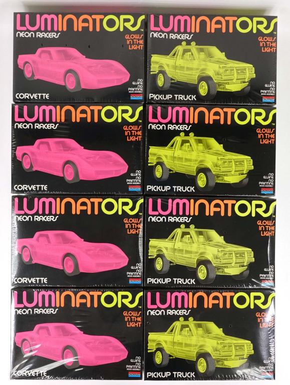 8 Monogram Luminators (SEALED!): BRAND NEW "Neon Racers" in original shrinkwrap. 4 Corvettes & 4 Pickup Trucks. All made in USA, 1992.