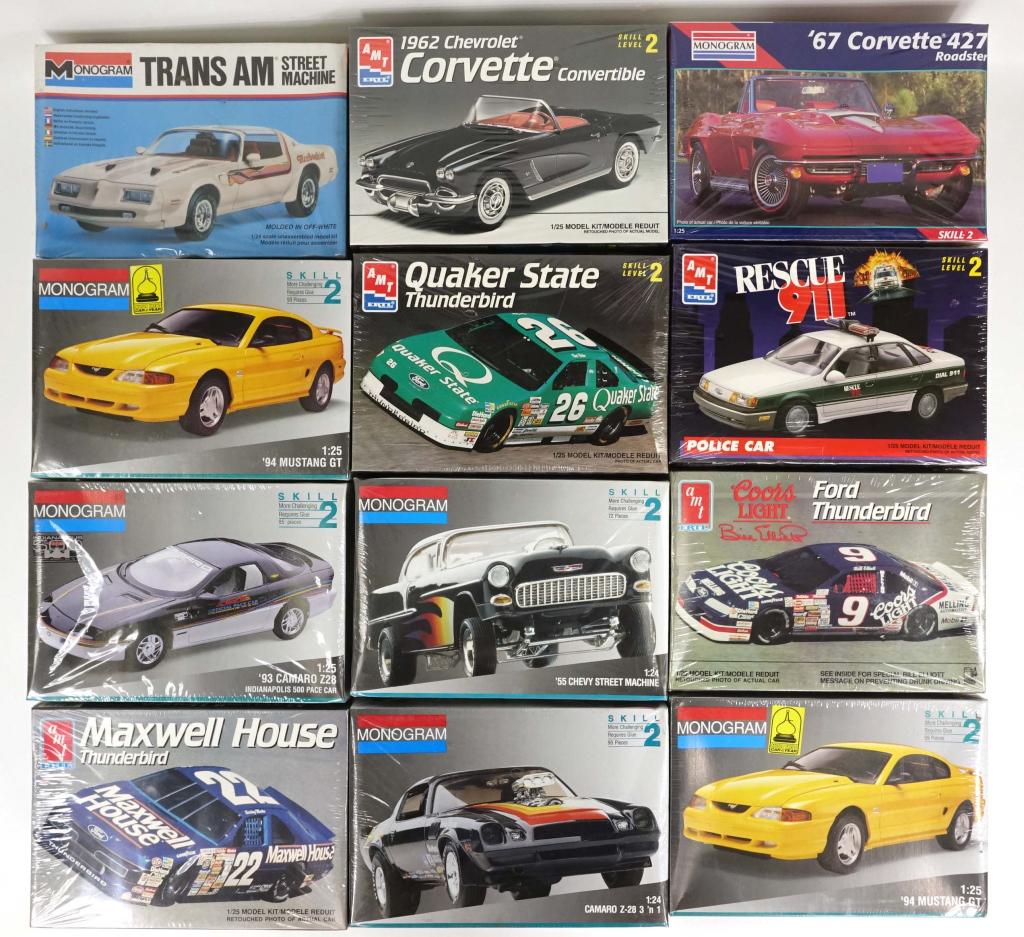 12 Vintage Sealed Model Cars: Includes: 1 Monogram '55 Chevy Street Machine, 1991. 1/24 scale. Made in U.S.A; 1 Monogram Camaro Z-28 3 'n 1, 1991. 1:24 scale. Made in U.S.A; 1 Monogram '94 Mustang GT, 1994. 1/25 scale. Made in U.S