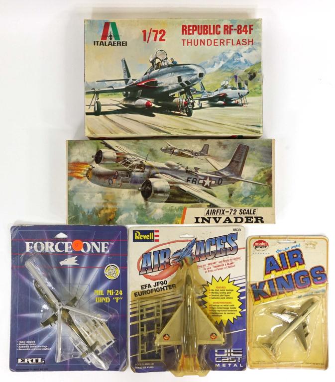5 Model and Die-Cast Airplanes/Helicopters: 1 ERTL Die-Cast Force One MiL Mi-24 HIND "F", 1989; 1 Revell Die-Cast Air Aces EFA JF90 Eurofighter, 1990; 1 Model Power Die-Cast Air Kings, made in Hong Kong; 1 Airfix-72 Scale Invader, 1/72 scale. M