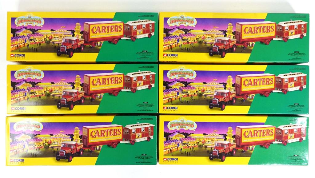 6 Corgi Showman: All 6 are Scammell Highwayman Ballast with Closed Pole Trailer & Caravan Set, 1995. Boxes in great condition, new old stock; damage to a few corners & some dents from storage, though. Never opened unt