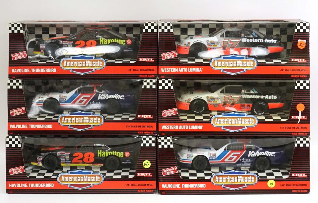 6 Vintage Die-Cast American Muscle Race Cars: 2 ERTL American Muscle #28 Havoline Thunderbird, 1993. 1/18 scale; 2 ERTL American Muscle #6 Valvoline Thunderbird, 1993. 1/18 scale; 2 ERTL American Muscle #17 Western Auto Lumina (One wheel missing 