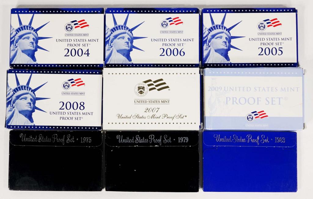 U.S. Proof Sets (9): 9 United States proof sets: 1975, 1979, 1983, 2004, 2005, 2006, 2007, 2008, 2009. The 1975 set includes an Eisenhower dollar. The 1979 set includes the Susan B. Anthony dollar. The 2007, 08, and 09 se